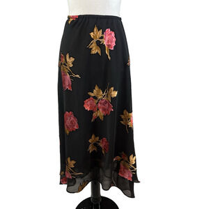 Donna Ricco New York Skirt Plus sz 18W Black Pink Satin Roses Sheer Midi A Line